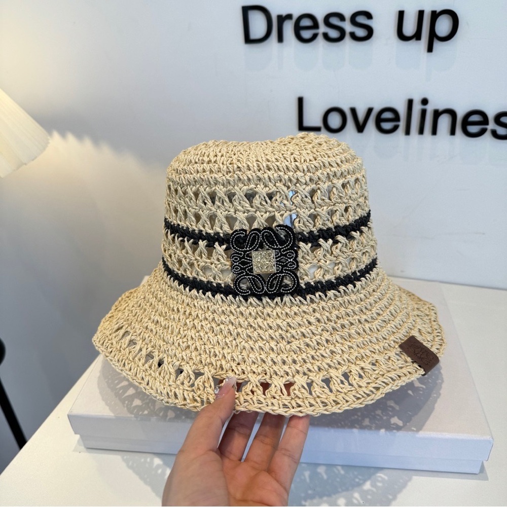 Loewe Beige Crochet Bucket Hat with Black Bands & Anagram Plaque